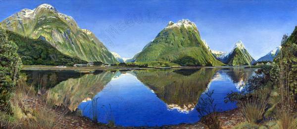 Milford Sound New Zealand Oil Painting - on Canvas Board - 86x38cm (34"x15")