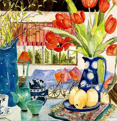 Tulips and Pears on a Glass Table - Watercolour - 44cm x44cm