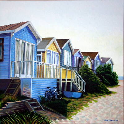Beach Huts and Bicycle - Acrylic on canvas - 400 x 400 mm - Framed