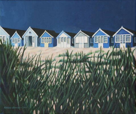 Beach Huts and Marram Grass - Acrylic on canvas - 250 x 300 mm - Framed under glass