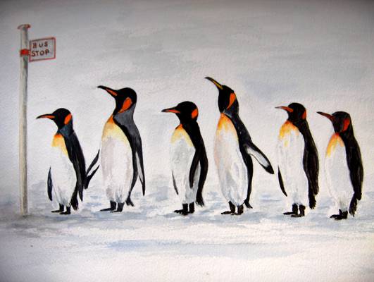 Penguins Waiting - Watercolour