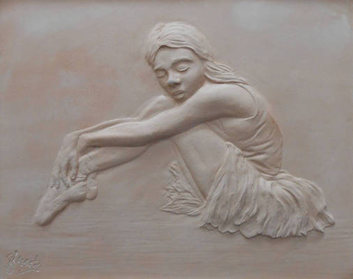 Baby Ballerina - a relief in clay - app 44cm x 38 cm framed