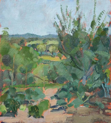 Across the Vegetable Garden, La Maleyrie - Oil on board - 12 x 11.25 inches - framed