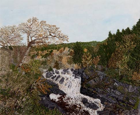 Rogie Falls, on the Blackwater River near Strathpeffer, Rosshire - 28.5 x 23cm - hand embroidered - 2015