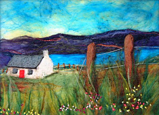 Cosy Cottage - Merino wool was used for most of the picture. Flat felt was used for the house shape and fence posts.