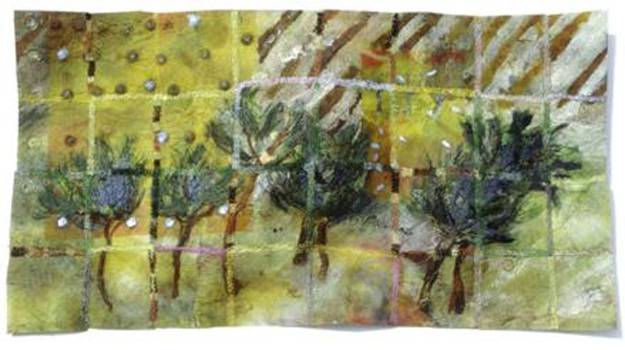 Pines near vineyard - silk felt/paper, papers,seeds, machine embroidery - 60 x 32 cms