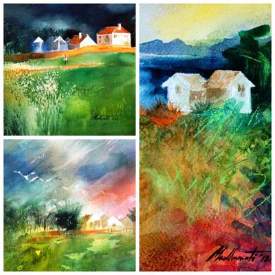 Little Cottages by the Sea - Group of 3 Watercolours - 10ins X 14 ins