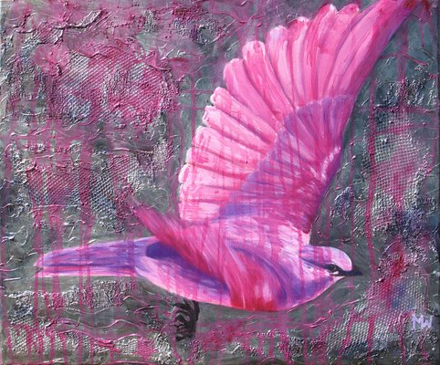 Pink Bird - Oils and Mixed Media on Stretched Canvas - 24ins x 20ins
