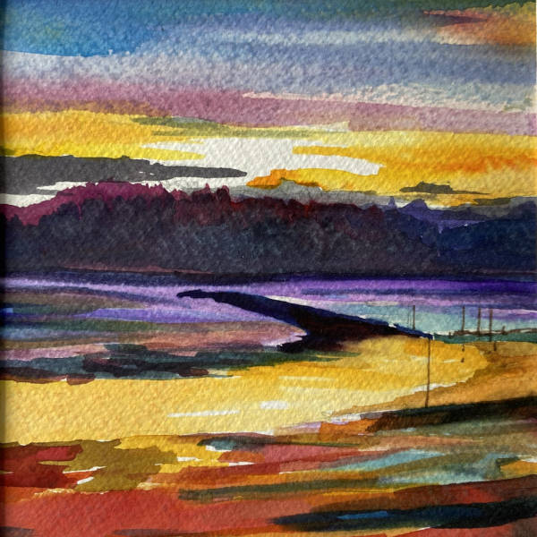 Kippford Sunset - Watercolour - 13 x 13cm - April 2020