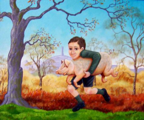 Pig with Boy - Acrylic on Canvas, - W30 cm X H 25 cm