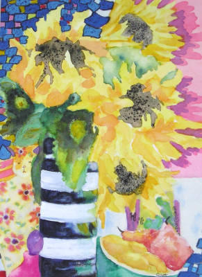 Sunflowers and Red Pears - Watercolour/Oil Pastel