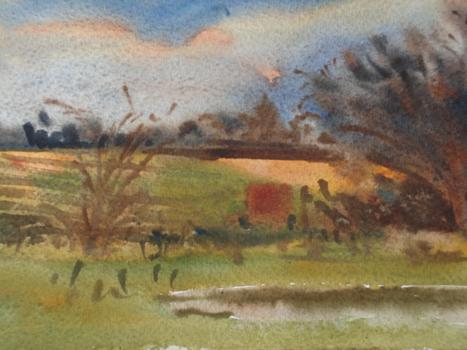 Field with Red Water Tank - watercolour
