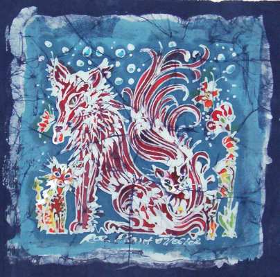 Dog & 2 Cats - Batik on Cotton - 25cm x25 cm