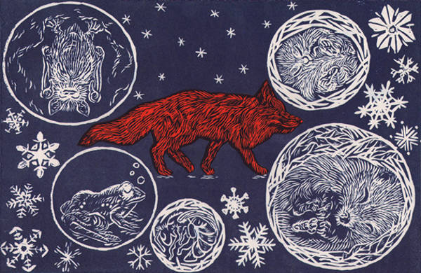 December - Lino-cut collage - from Year of the Fox series
