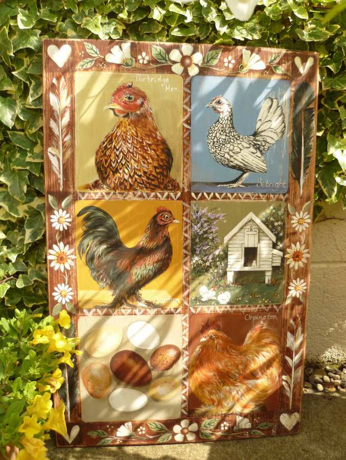 Our Chickens - Acrylic on reclaimed wooden door