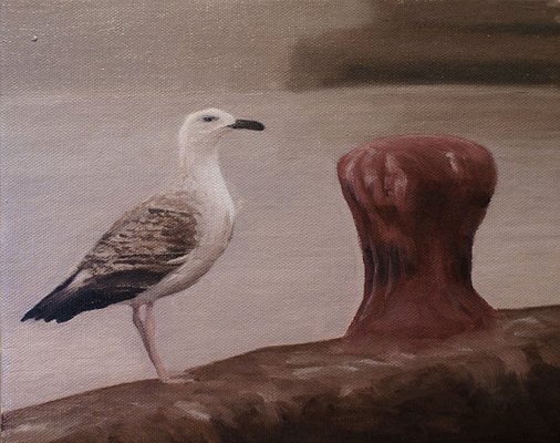 Seagull Standing in a Harbour as the Haar comes in - Oil on Canvas Board -  12ins x 10ins 